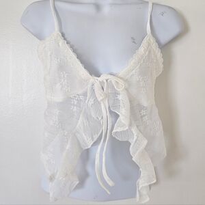 Womens Top S Y2K Lace Coquette White Fairy Festival Fairy Crop Sheer Ethereal
